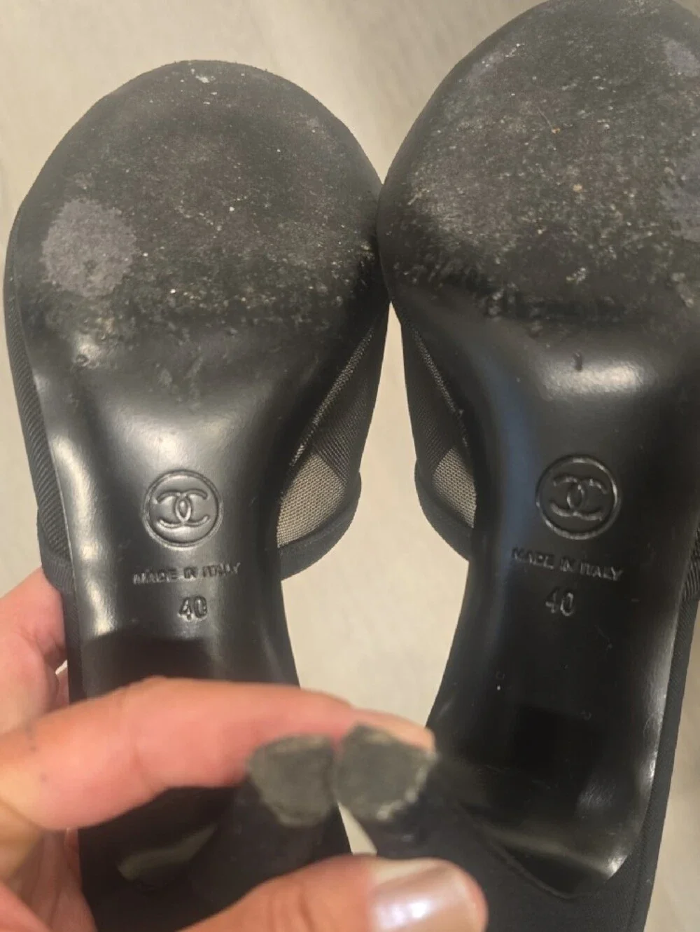 CHANEL Black Open-Toe Mesh Slide Mules with Gold Insole and CC Accent
